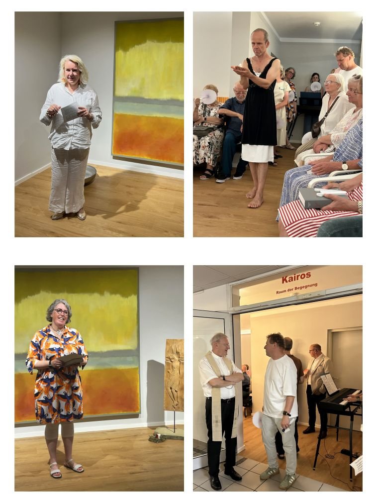 Im Uhrzeigersinn: Vorstandsvorsitzende Frau Gockel-Gerber, Performance von Rolf Schulz mit Gästen, Stadtdechant Frank Heidkamp mit Gästen, Einrichtungsleiterin Frau Artz-Müskens